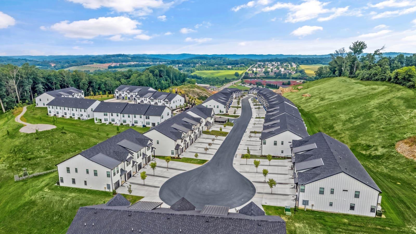 Aerial photograph of a townhome community and its street layout
