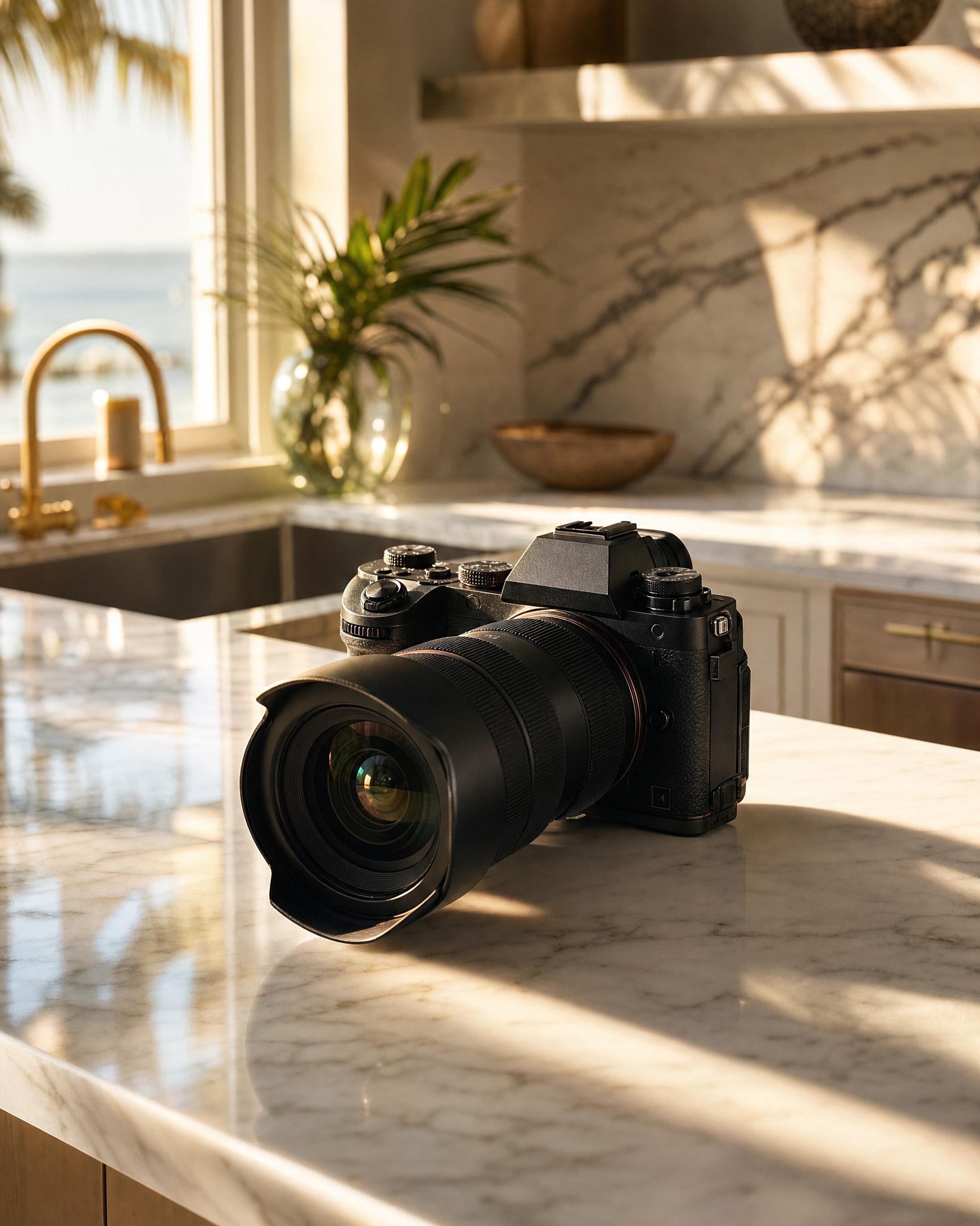 Professional camera body and wide-angle lens resting on a marble counter in warm golden-hour light