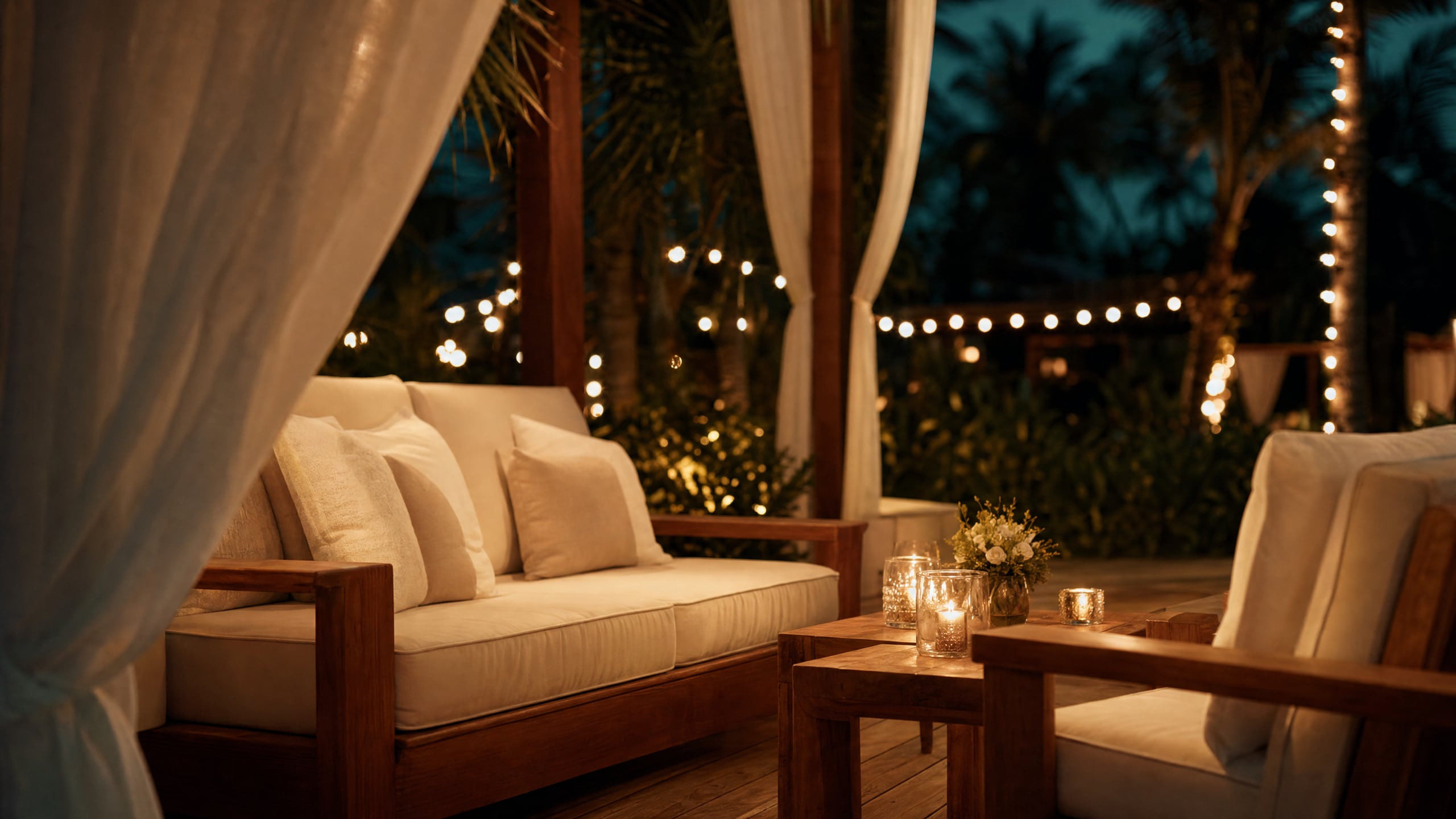 Illustrative cabana and outdoor-living scene at dusk