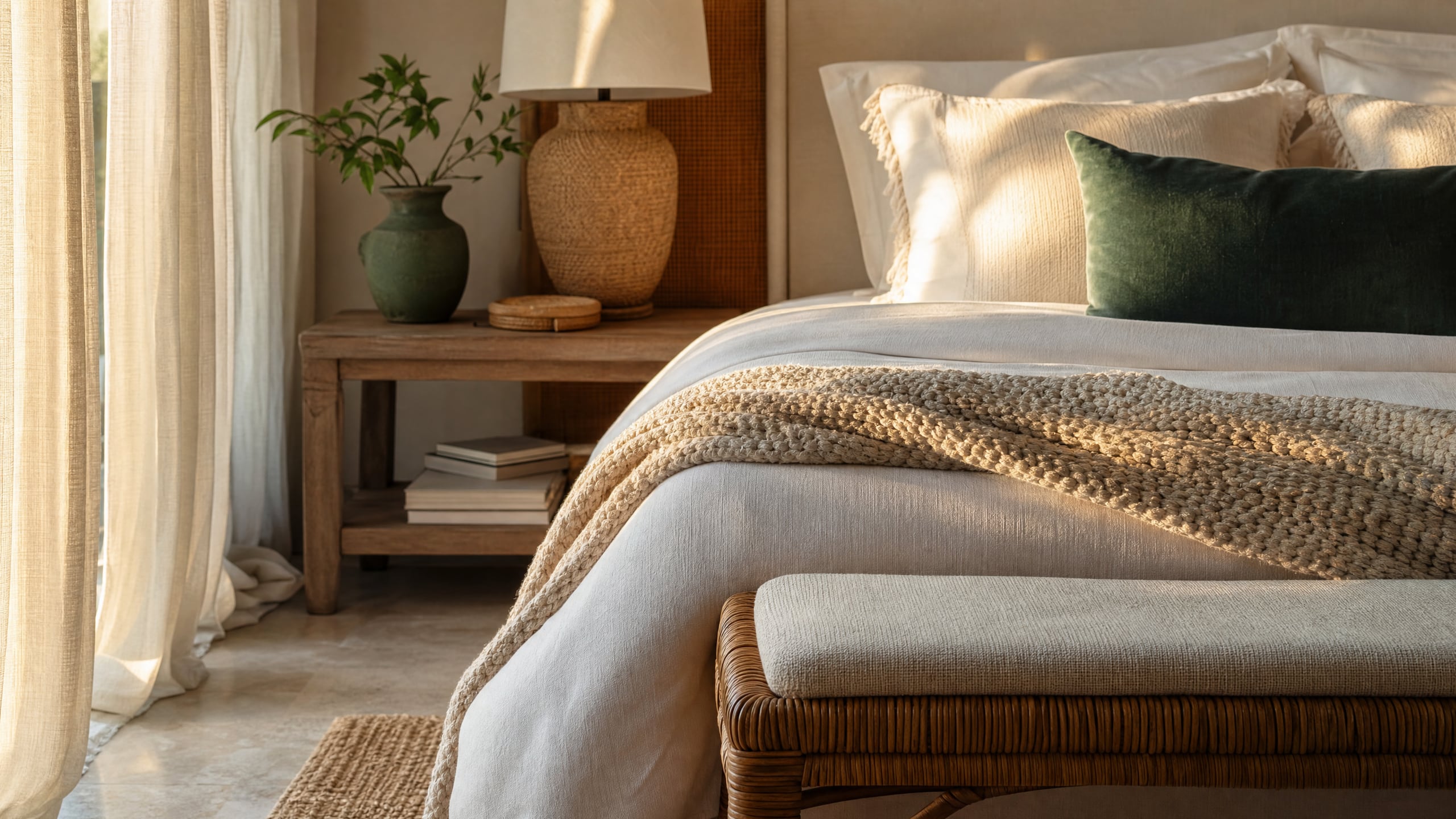 Illustrative coastal-luxury guest suite scene in morning gold light