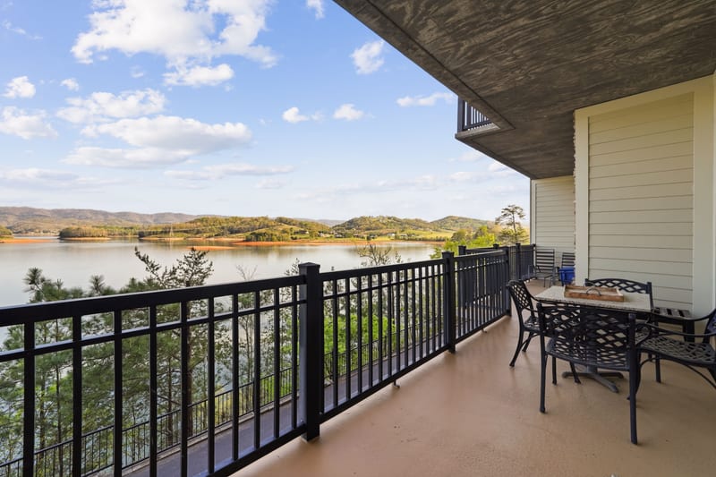 Cafe table on a balcony overlooking the lake